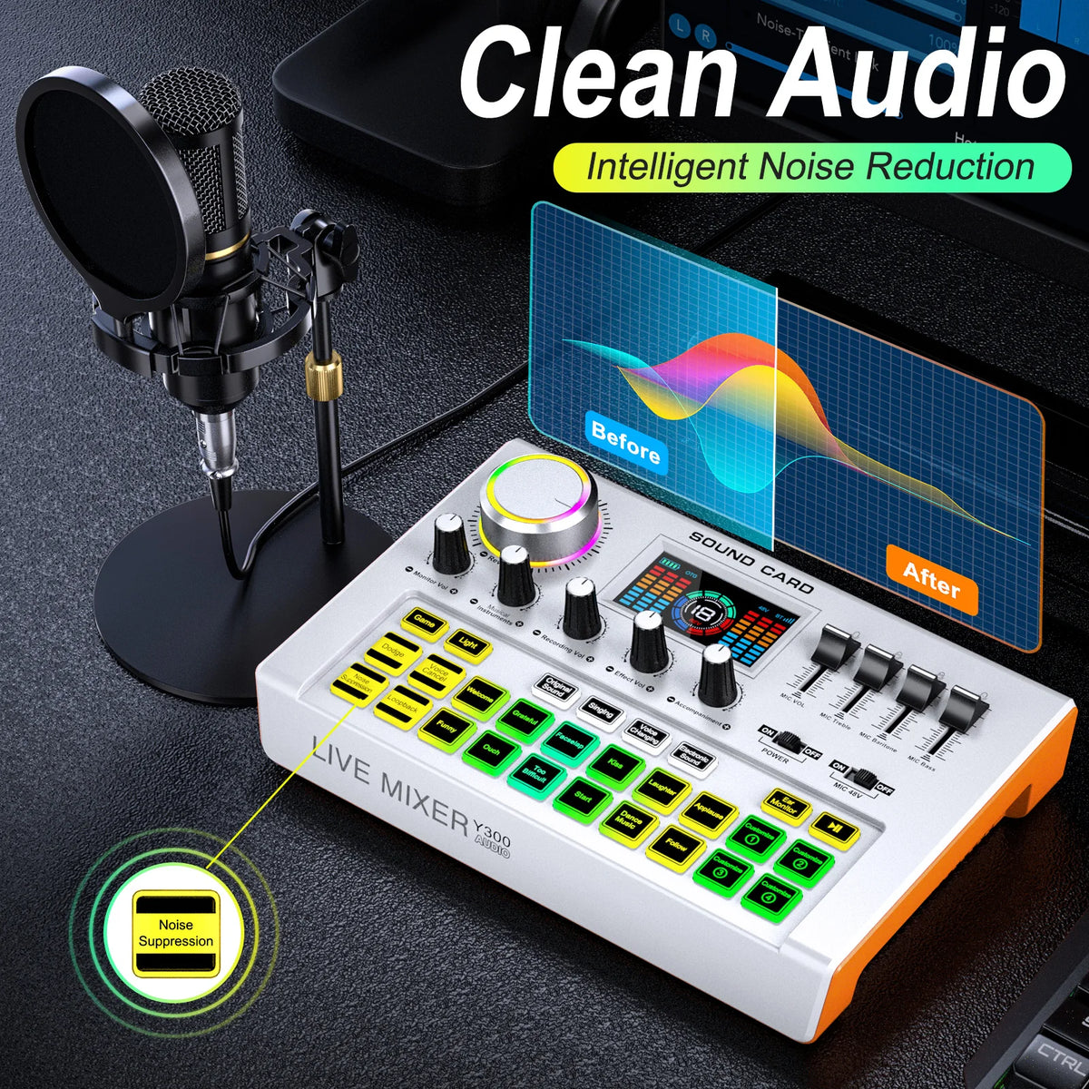 Tenlamp Y300-BM800 Live Audio Mixer for Podcasting and Streaming