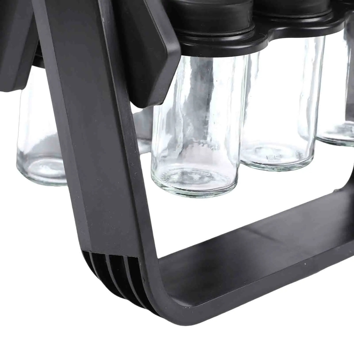 Rotating Glass Spice Rack Organizer With Labeled Jars And Funnel