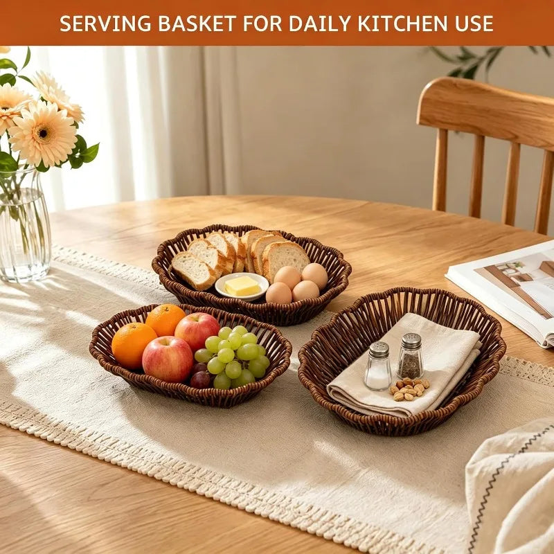 Synthetic Rattan Woven Tray Set of Three, Washable Decorative Baskets