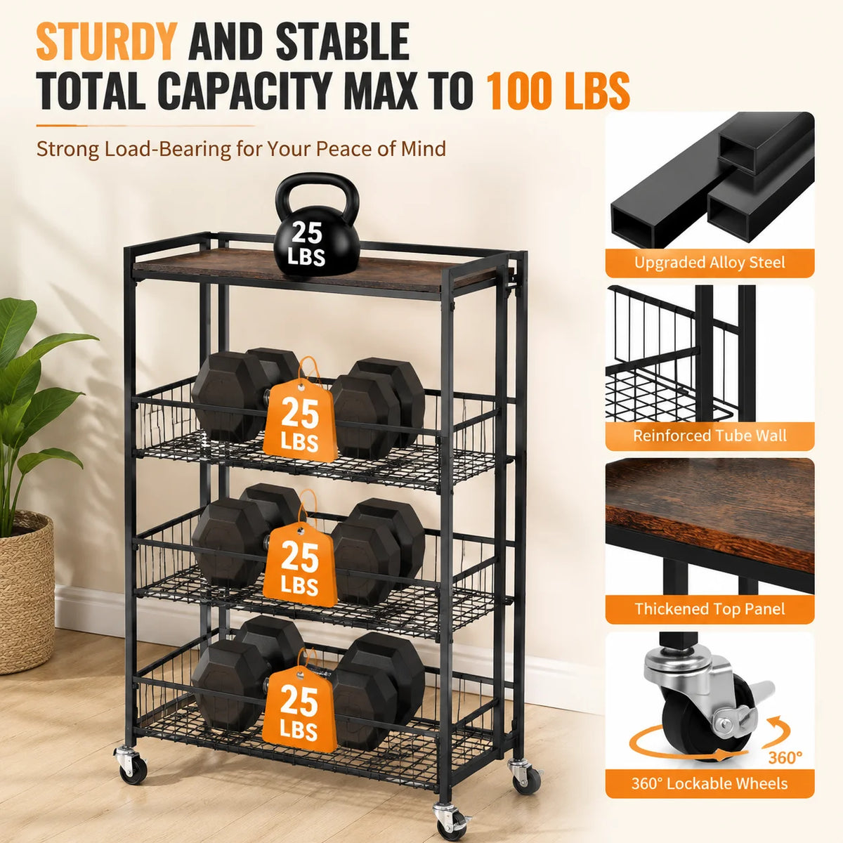 Four Tier Foldable Storage Cart With Lockable Casters Heavy Duty