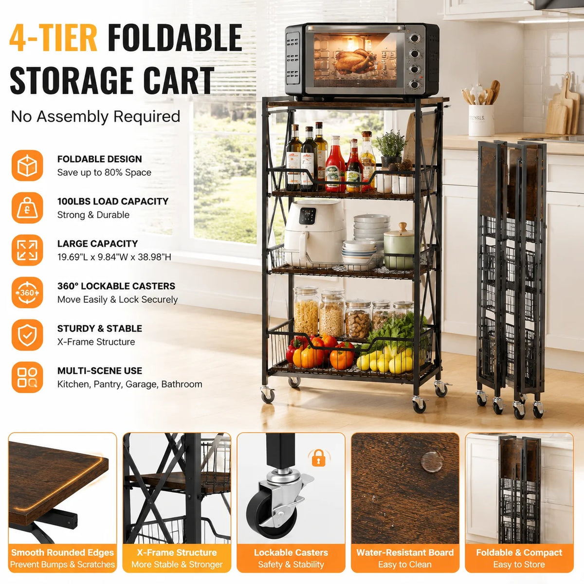 Four Tier Foldable Storage Cart With Lockable Casters Heavy Duty