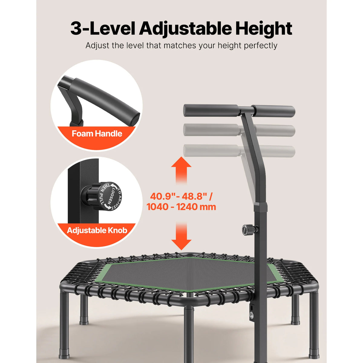 SucceBuy Quiet Mini Trampoline With Adjustable Foam Handle For Workouts