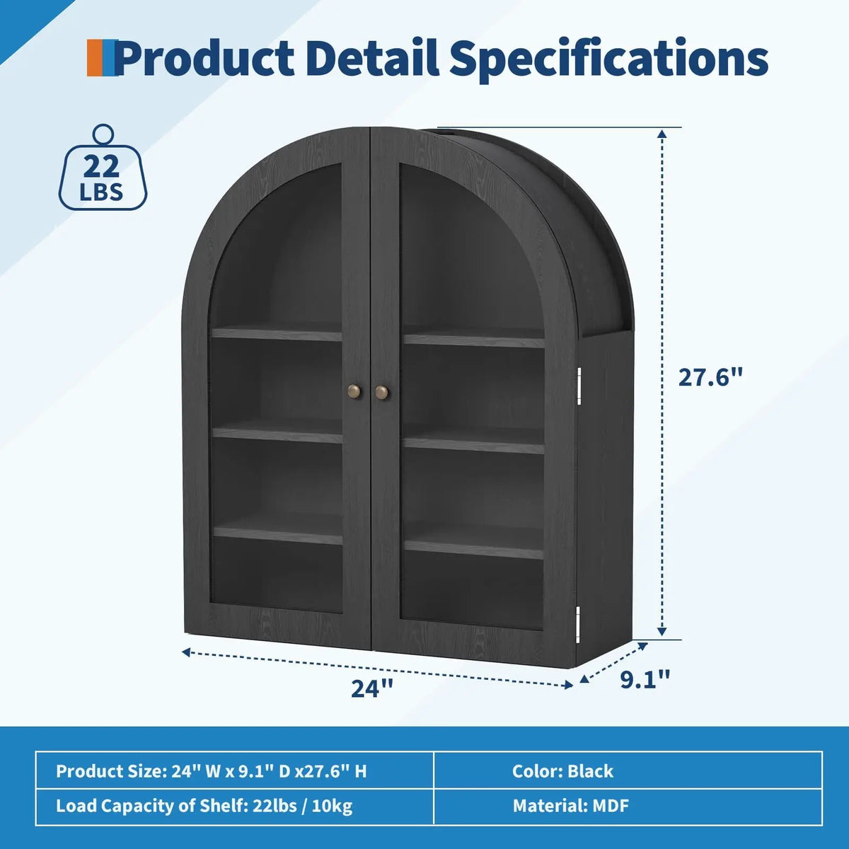 Arched Wall Cabinet With Doors And Adjustable Shelf For Bathrooms