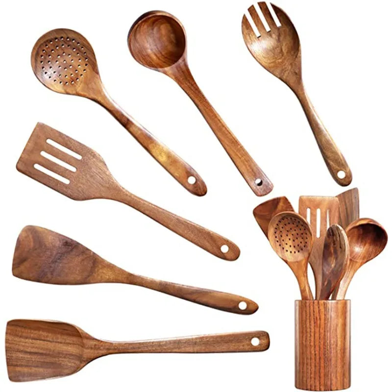 Wooden Kitchen Utensil Set With Teak Wood Spoons for Cooking