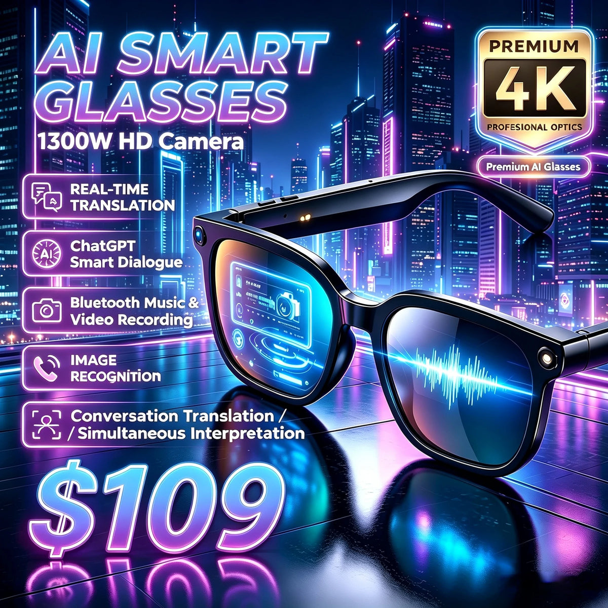 ChatGPT AI Smart Glasses With Translation HD Camera Video Recording
