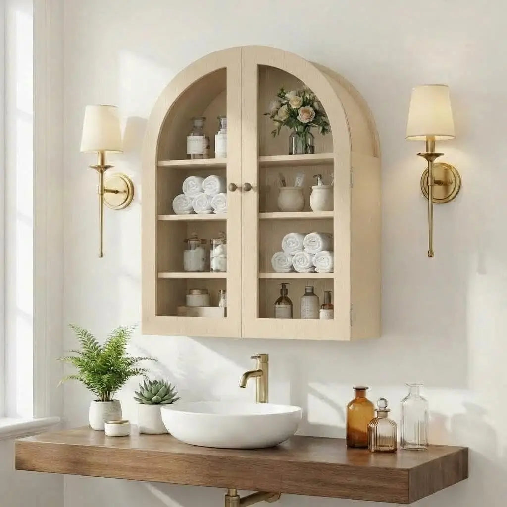 Arched Wall Cabinet With Doors And Adjustable Shelf For Bathrooms
