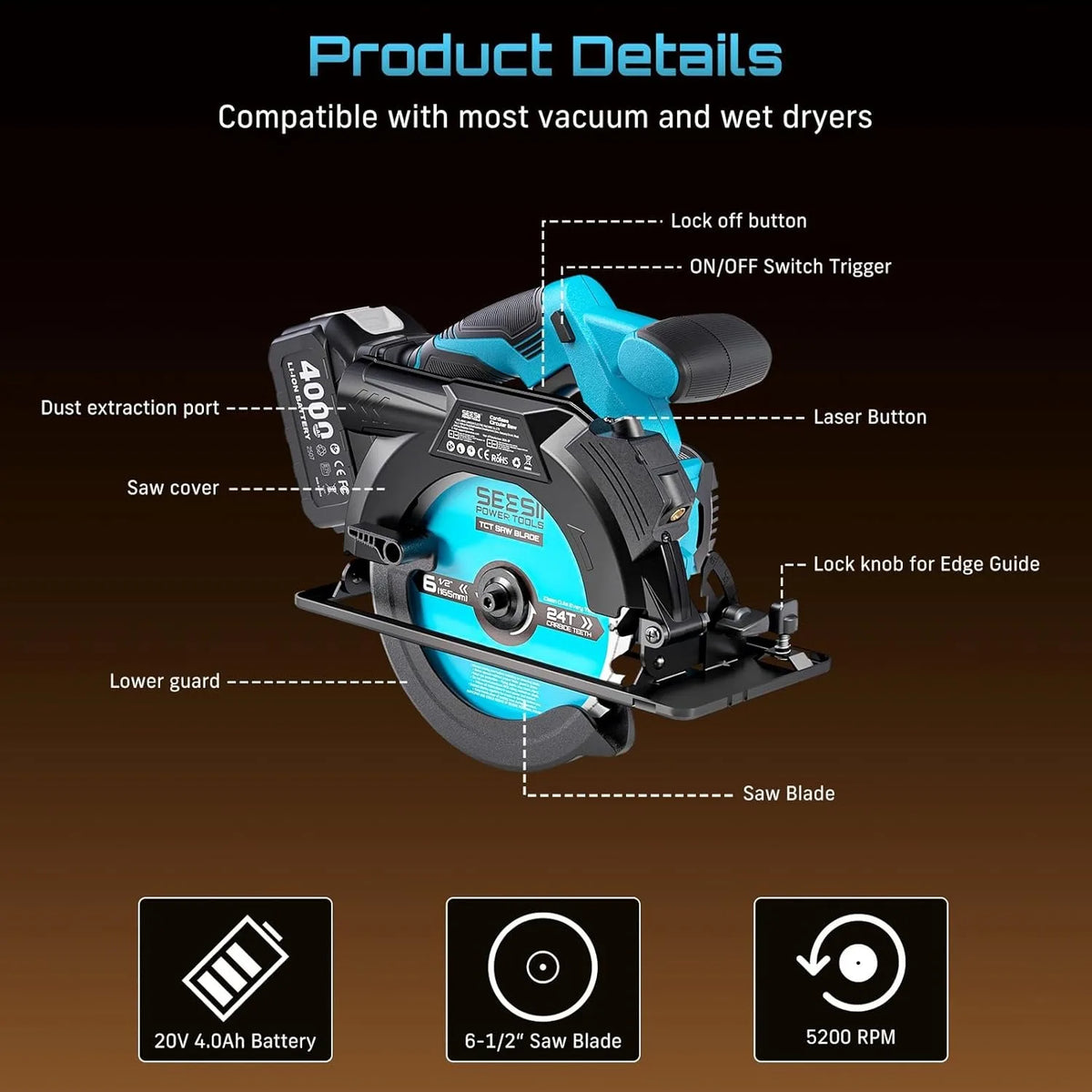 Seesii Cordless Circular Saw With Adjustable Cutting Angle