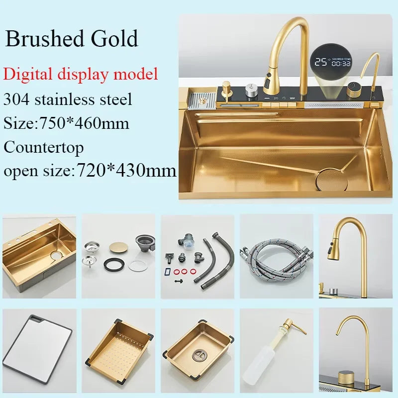 Shinesia Stainless Steel Waterfall Kitchen Sink Faucet Set Soap Dispenser