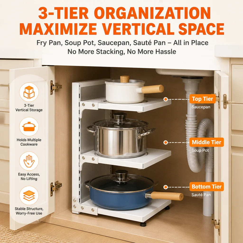 Adjustable Under Sink Storage Rack With Pull Out Shelves