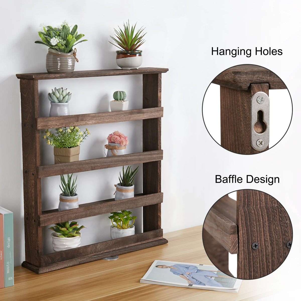 Rustic Torched Bamboo Wall Mounted Spice Rack Organizer for Kitchen Storage