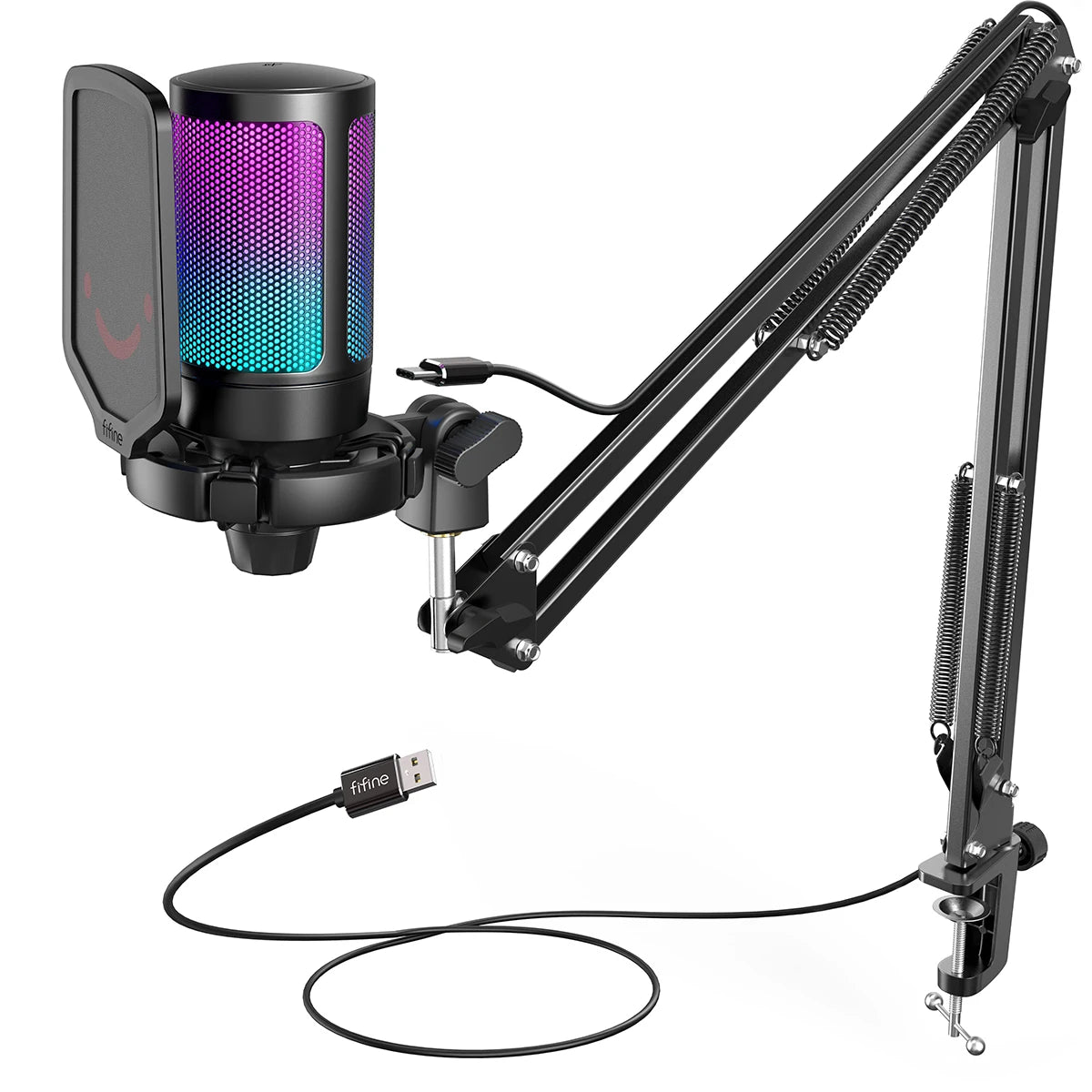 FIFINE USB Gaming Microphone Kit With Mute And RGB Features