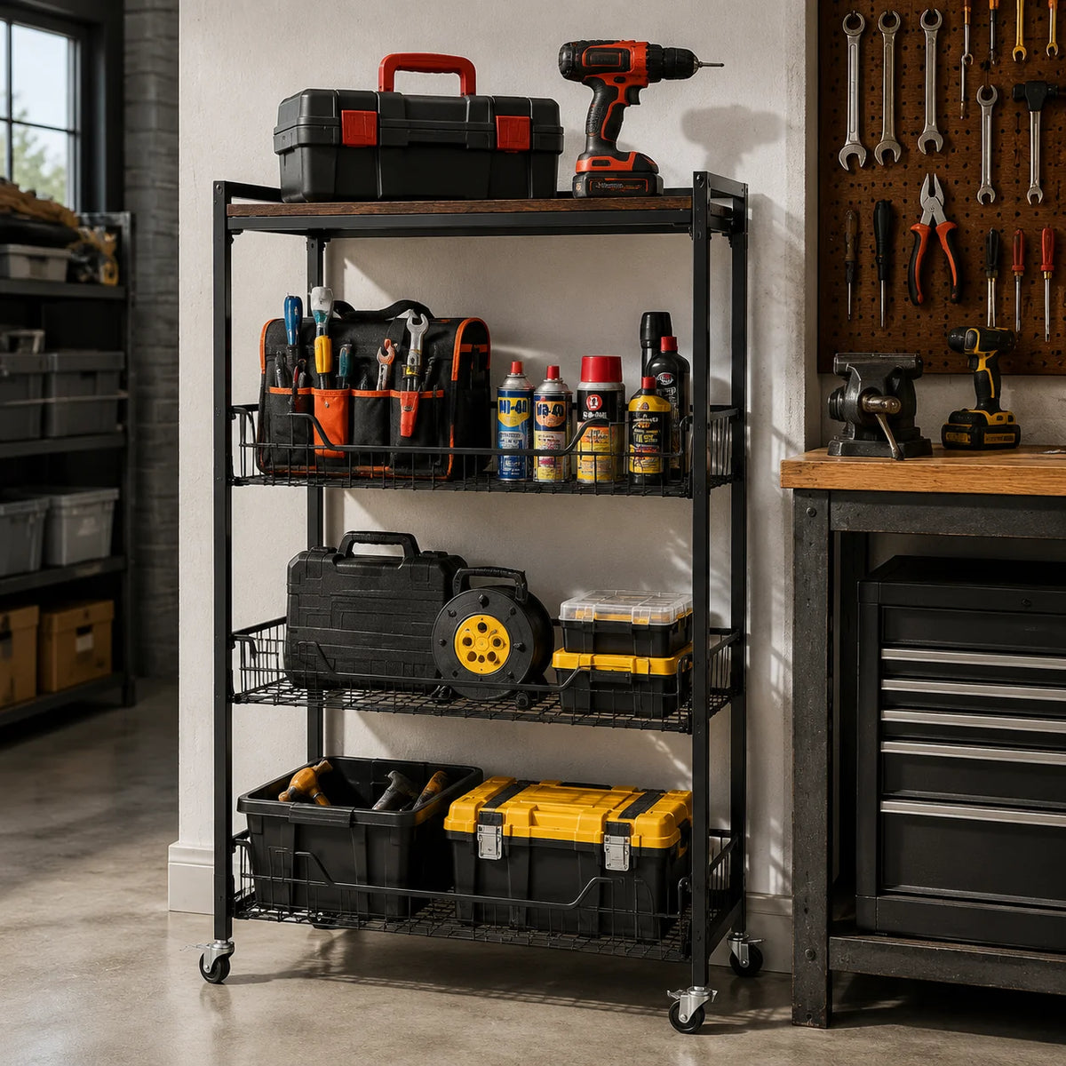 Four Tier Foldable Storage Cart With Lockable Casters Heavy Duty