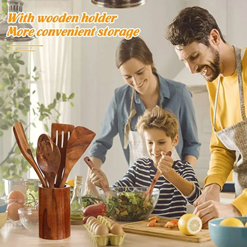 Wooden Kitchen Utensil Set With Teak Wood Spoons for Cooking