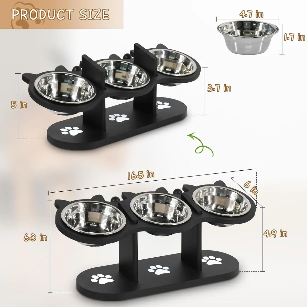 Elevated Cat Bowls with Adjustable Wooden Stand and Tilted Dishes