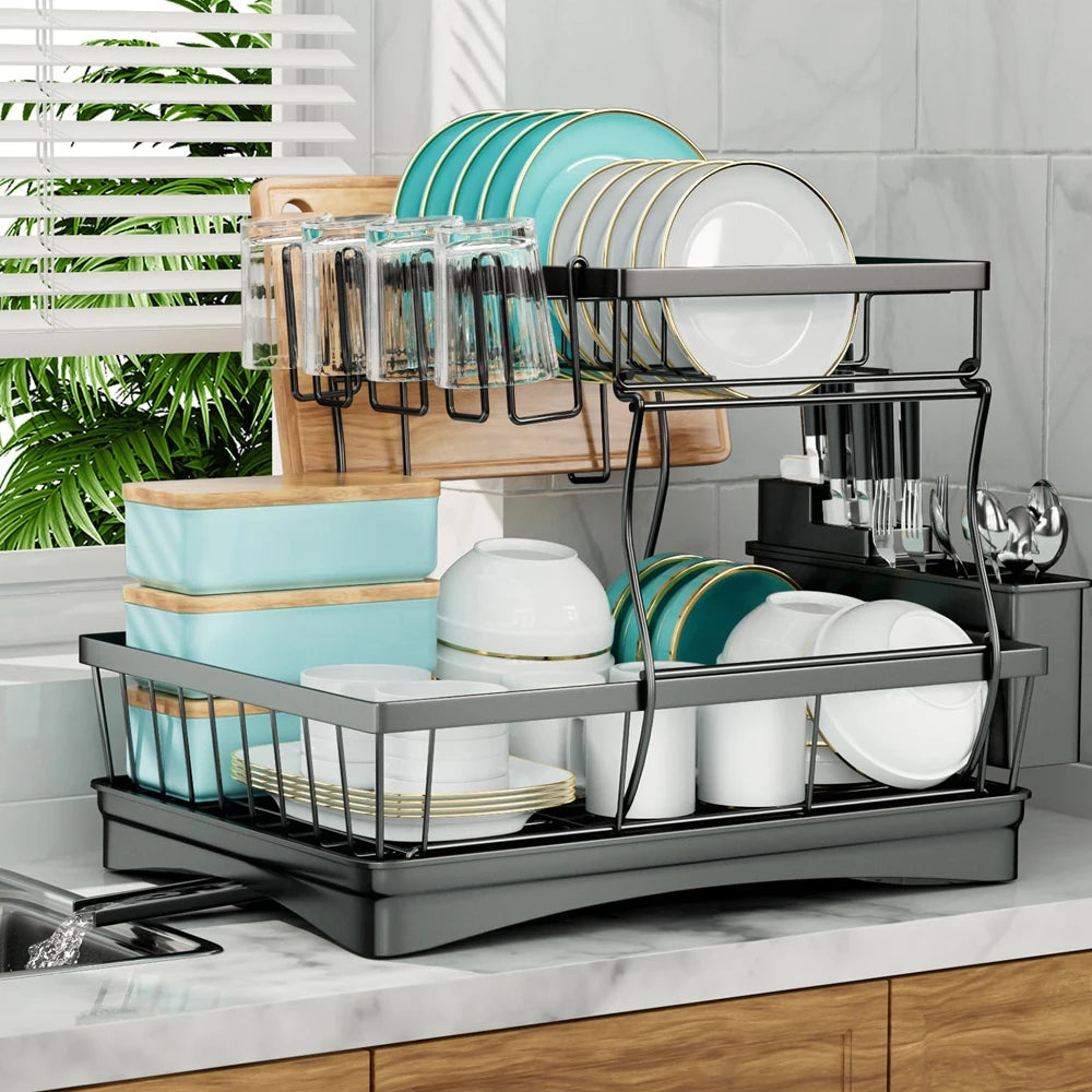 Two Tier Metal Dish Drying Rack With Removable Drainboard