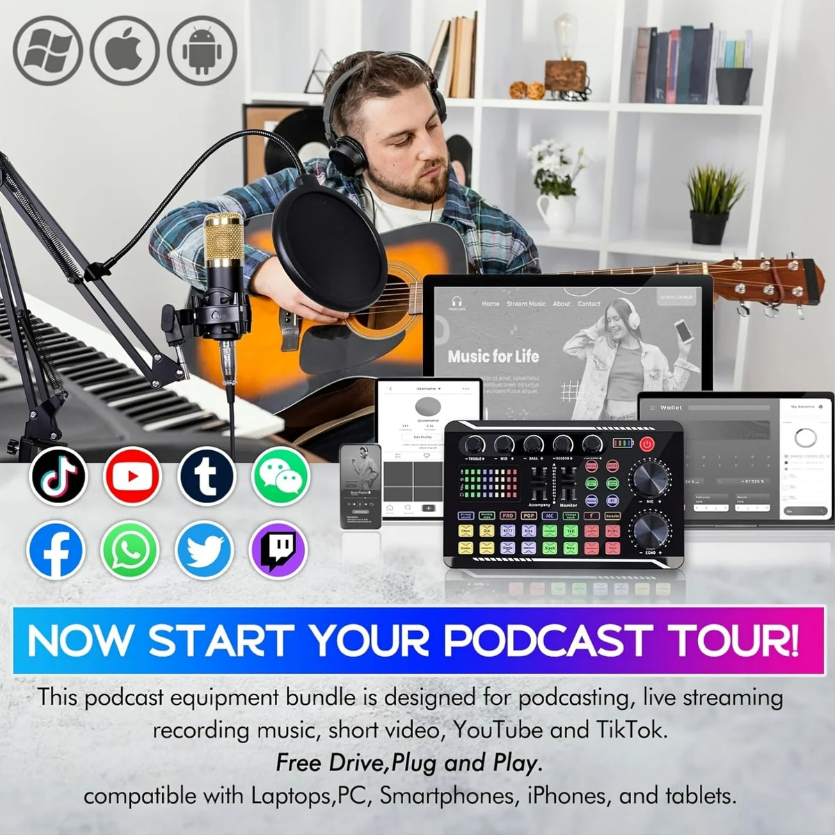 Podcast Microphone And Sound Card Kit For Streaming And Recording