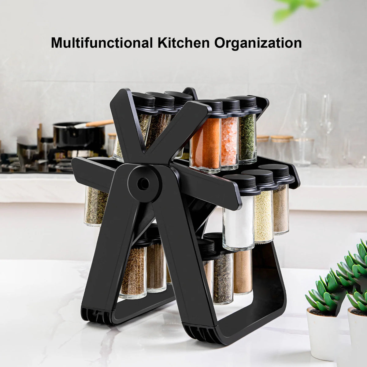 Rotating Glass Spice Rack Organizer With Labeled Jars And Funnel