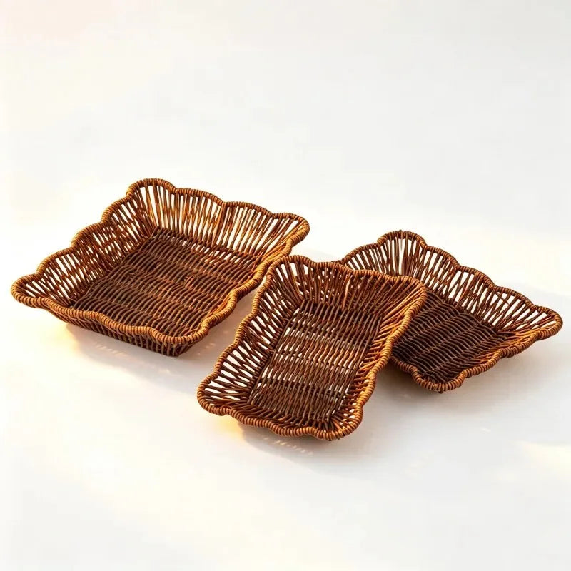 Synthetic Rattan Woven Tray Set of Three, Washable Decorative Baskets