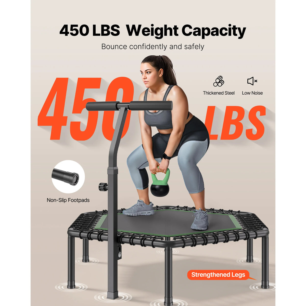 SucceBuy Quiet Mini Trampoline With Adjustable Foam Handle For Workouts