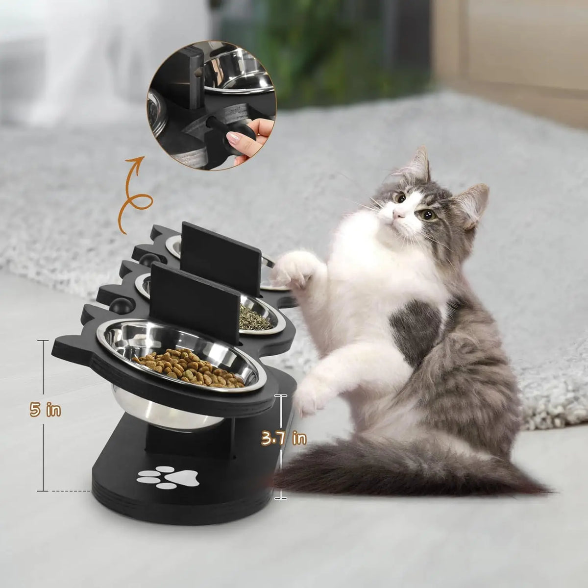 Elevated Cat Bowls with Adjustable Wooden Stand and Tilted Dishes