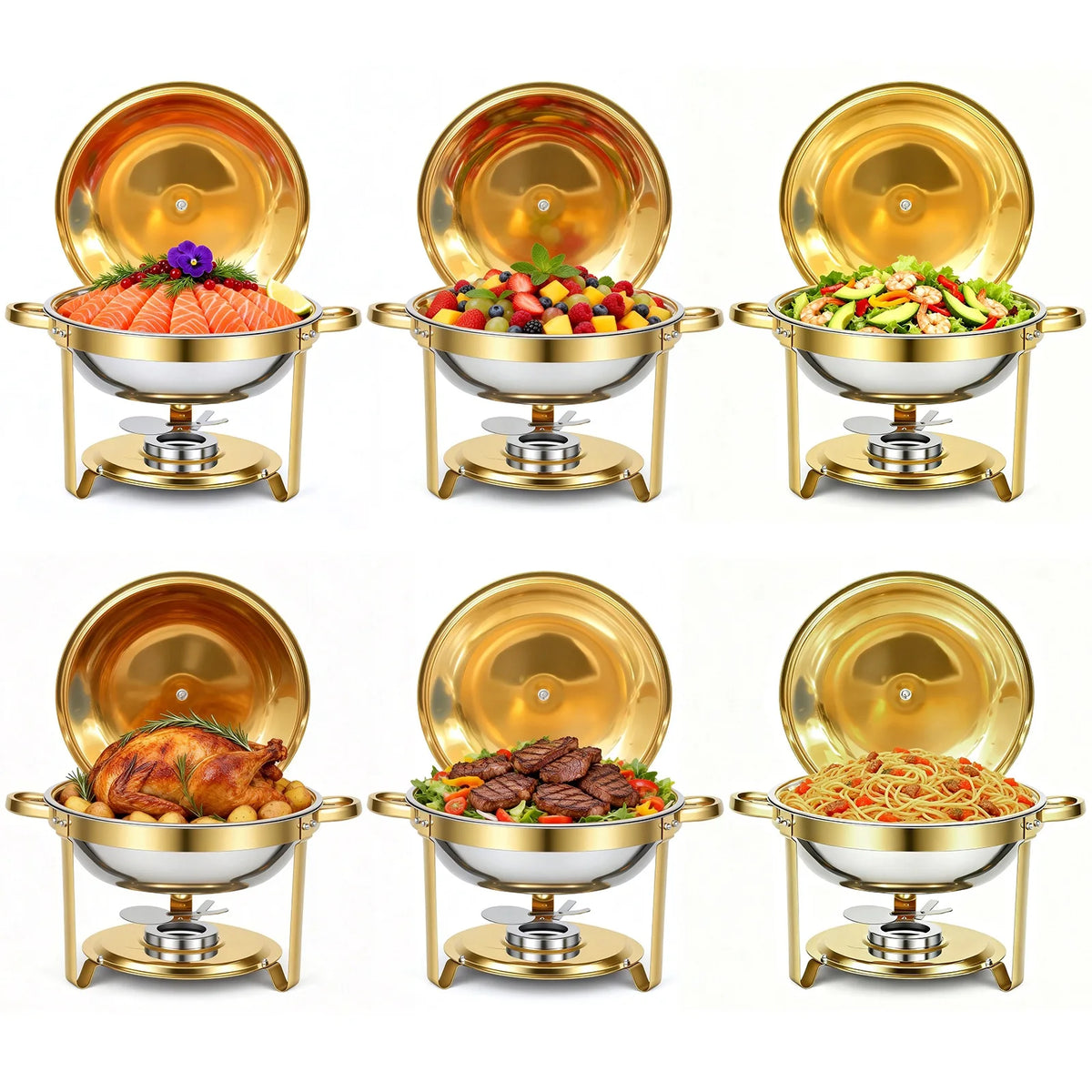 Round Stainless Steel Chafing Dish Buffet Set With Glass Lids