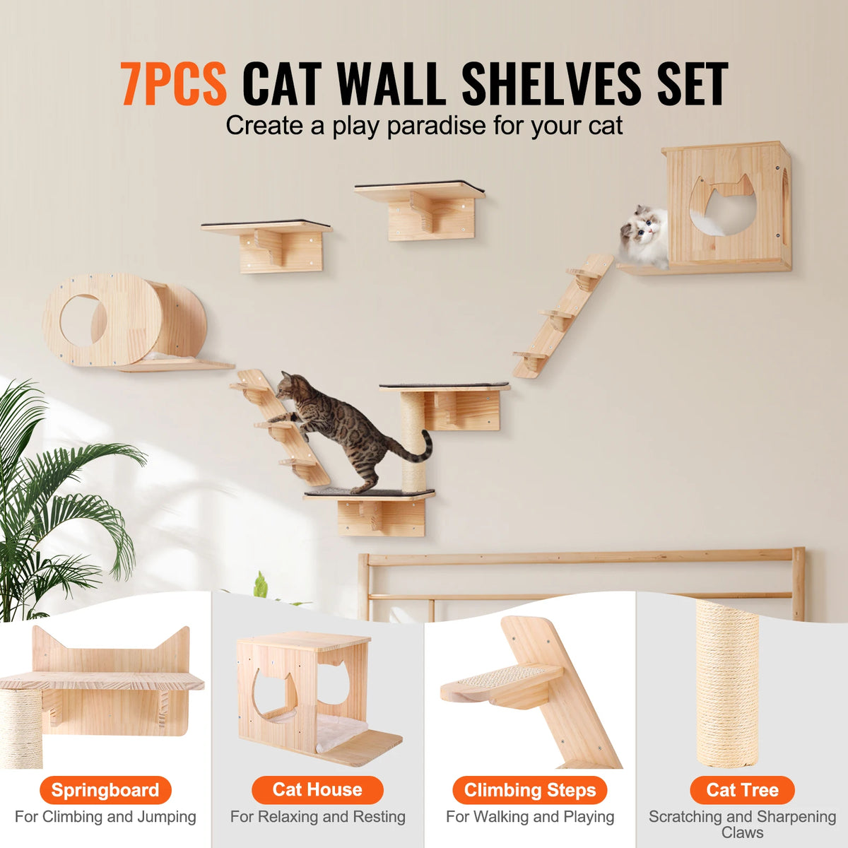 SucceBuy Wall Mounted Cat Shelves With Hammock And Jumping Perches