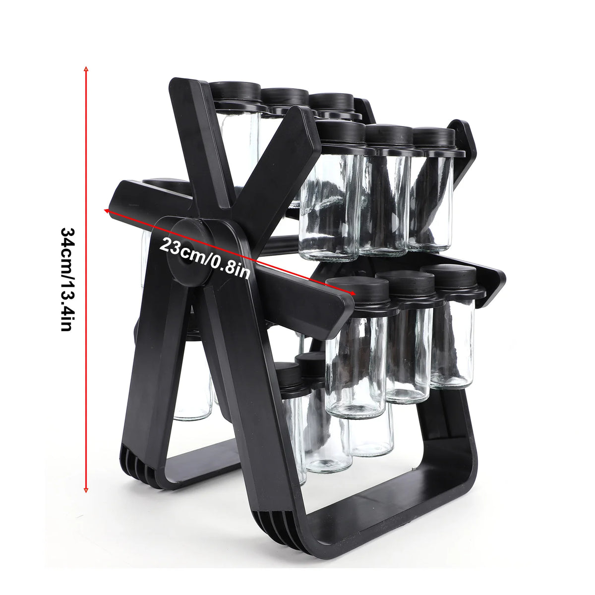 Rotating Glass Spice Rack Organizer With Labeled Jars And Funnel