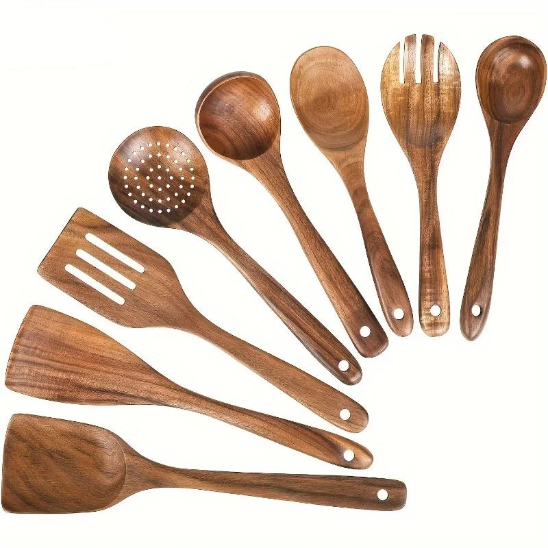 Wooden Kitchen Utensil Set With Teak Wood Spoons for Cooking