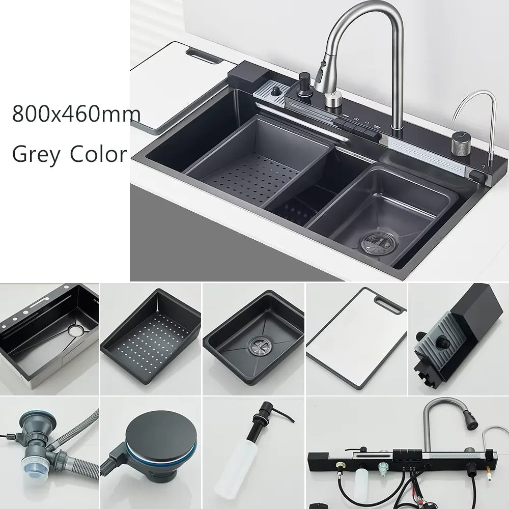 Shinesia Stainless Steel Waterfall Kitchen Sink Faucet Set Soap Dispenser