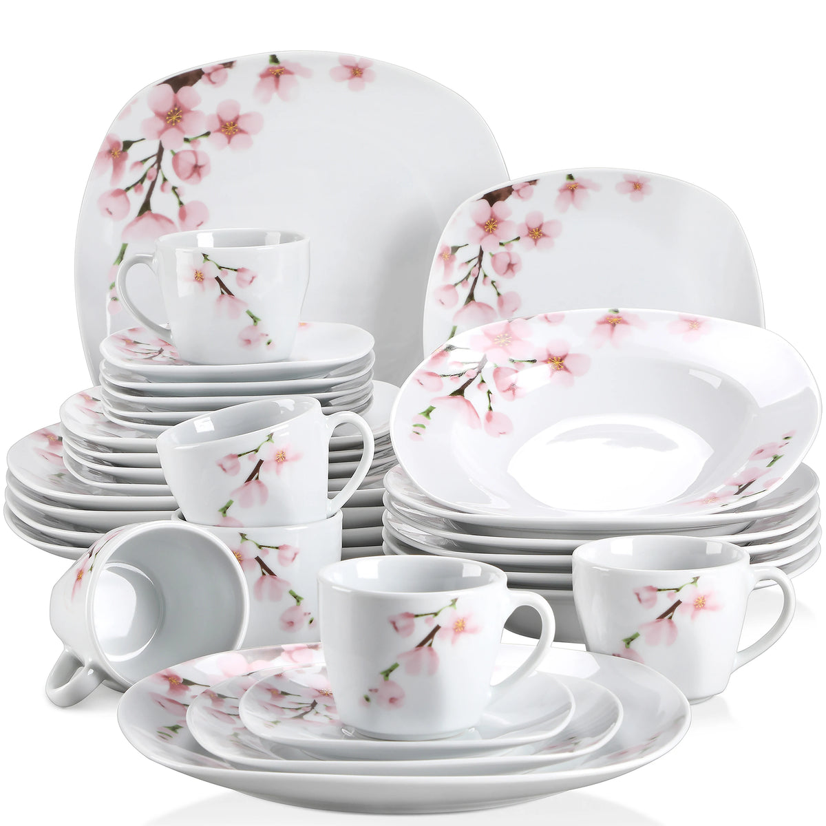 MALACASA Floral Porcelain Dinnerware Set With Plates Cups And Saucers