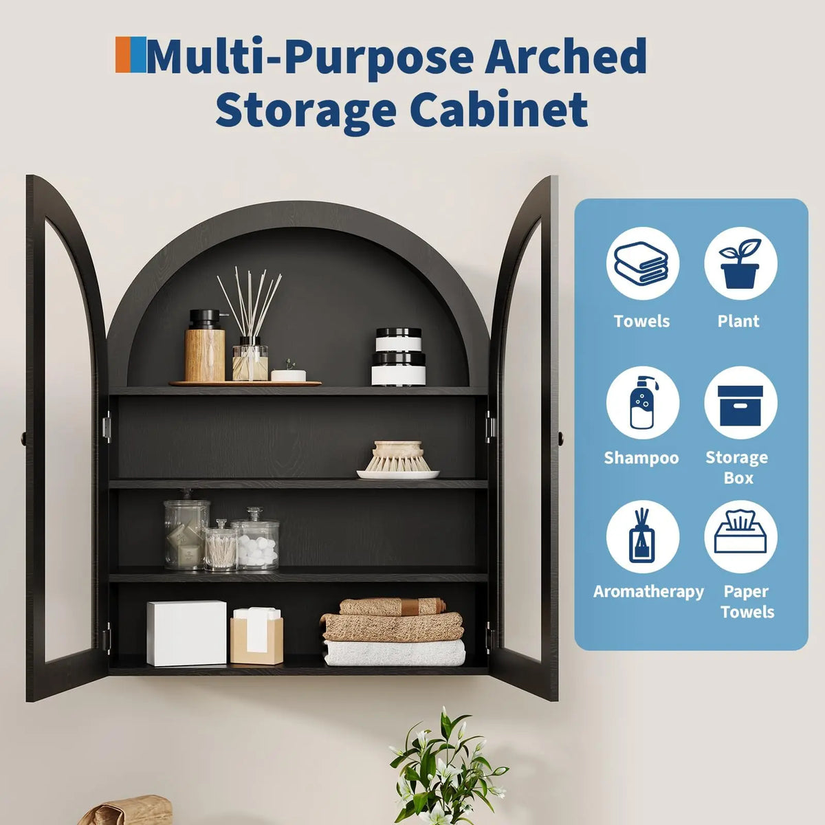 Arched Wall Cabinet With Doors And Adjustable Shelf For Bathrooms