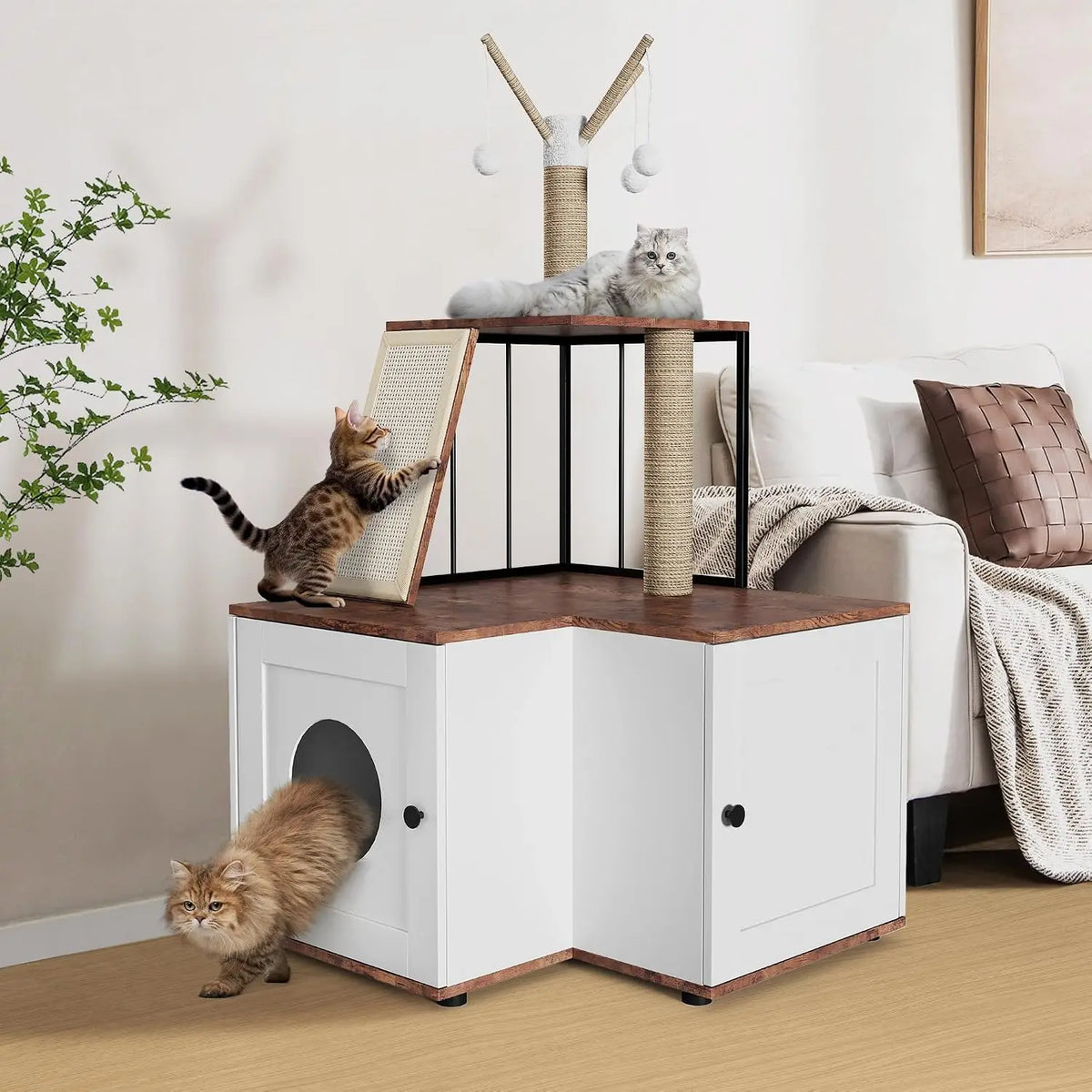 Garvee Wood Corner Cat Tree With Scratching Post And Cabinet