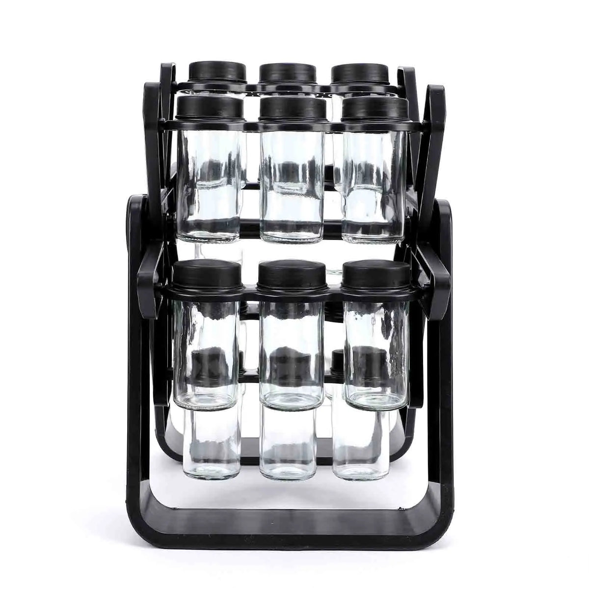 Rotating Glass Spice Rack Organizer With Labeled Jars And Funnel