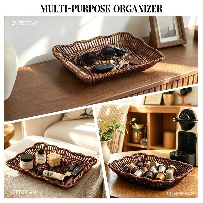 Synthetic Rattan Woven Tray Set of Three, Washable Decorative Baskets