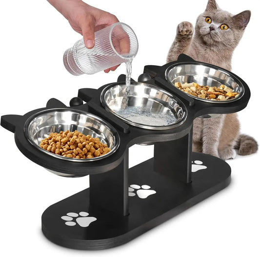 Elevated Cat Bowls with Adjustable Wooden Stand and Tilted Dishes