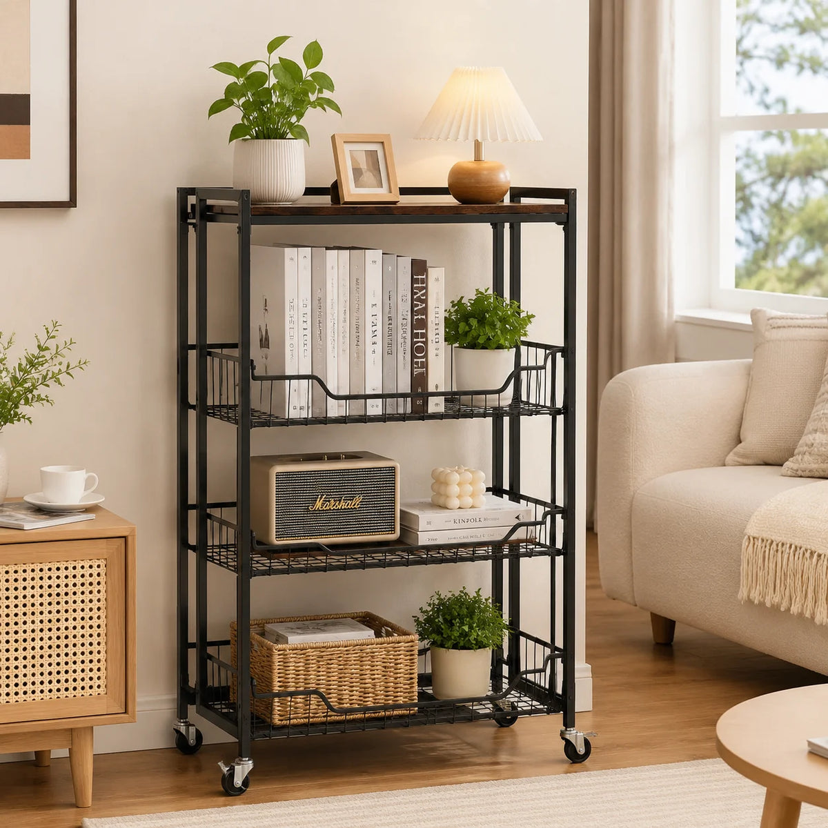 Four Tier Foldable Storage Cart With Lockable Casters Heavy Duty