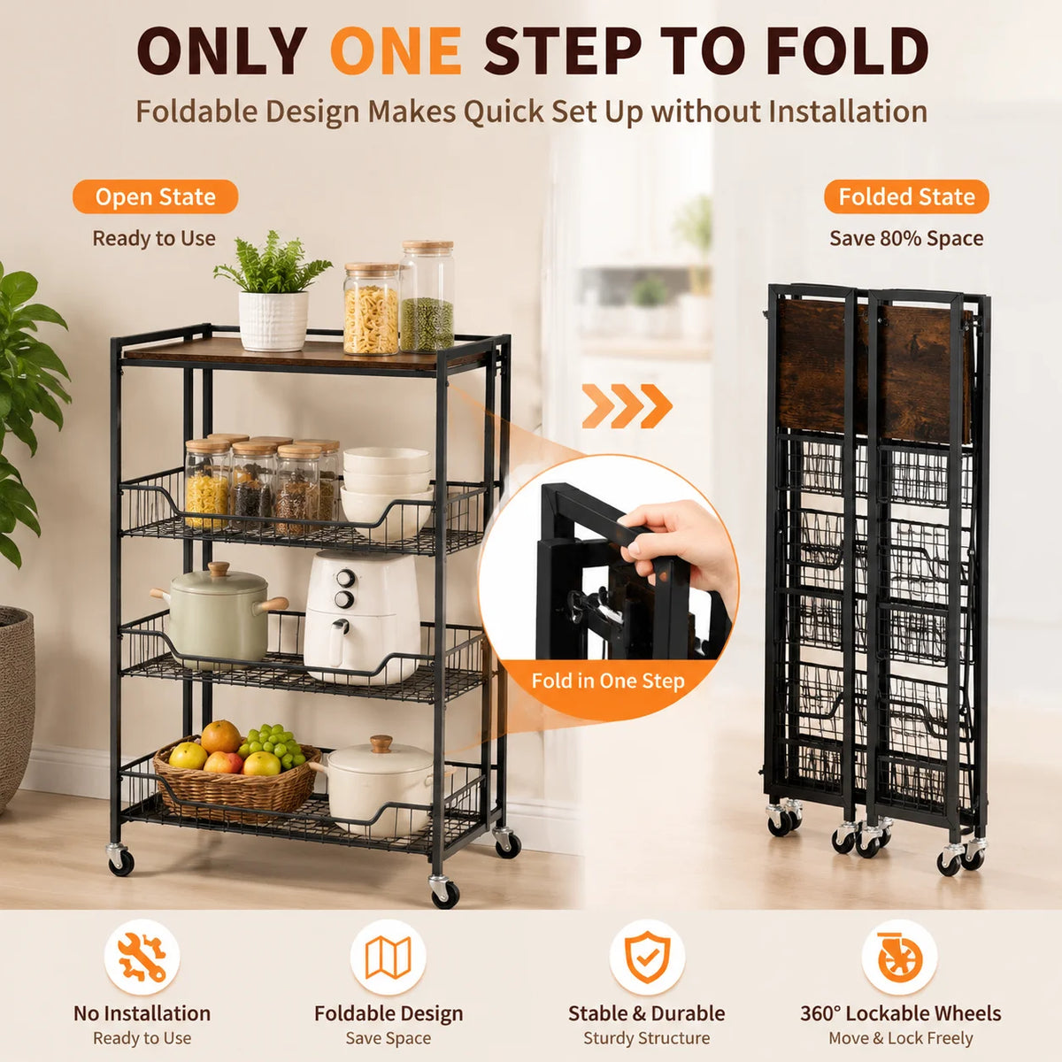 Four Tier Foldable Storage Cart With Lockable Casters Heavy Duty