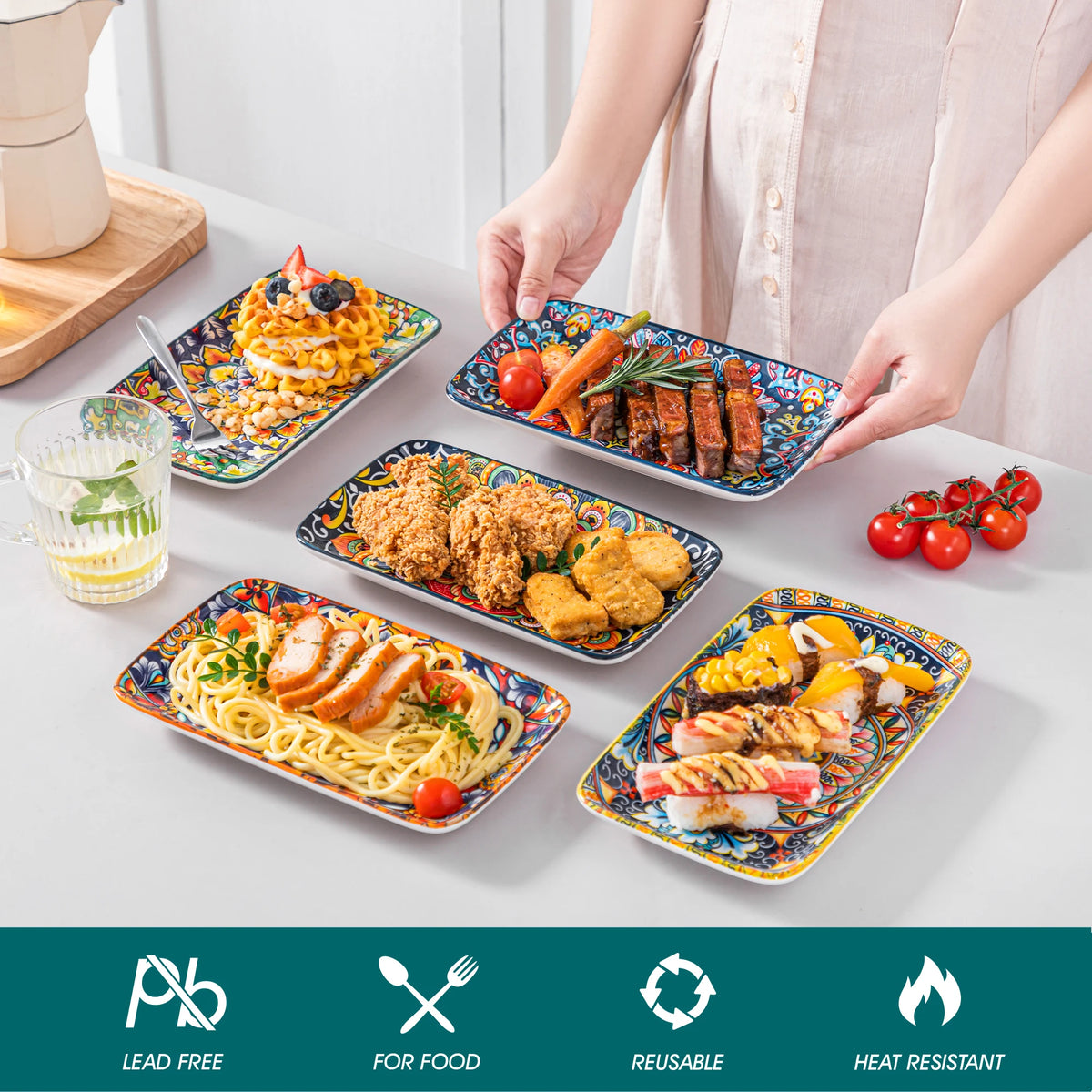 MALACASA Bohemian Rectangular Porcelain Serving Plates for Dinner