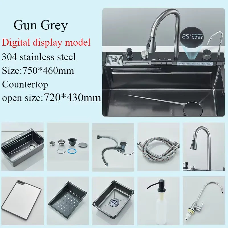 Shinesia Stainless Steel Waterfall Kitchen Sink Faucet Set Soap Dispenser
