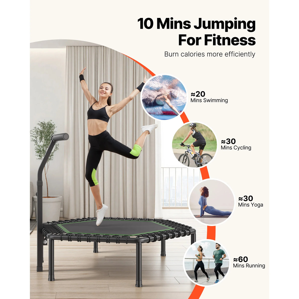 SucceBuy Quiet Mini Trampoline With Adjustable Foam Handle For Workouts
