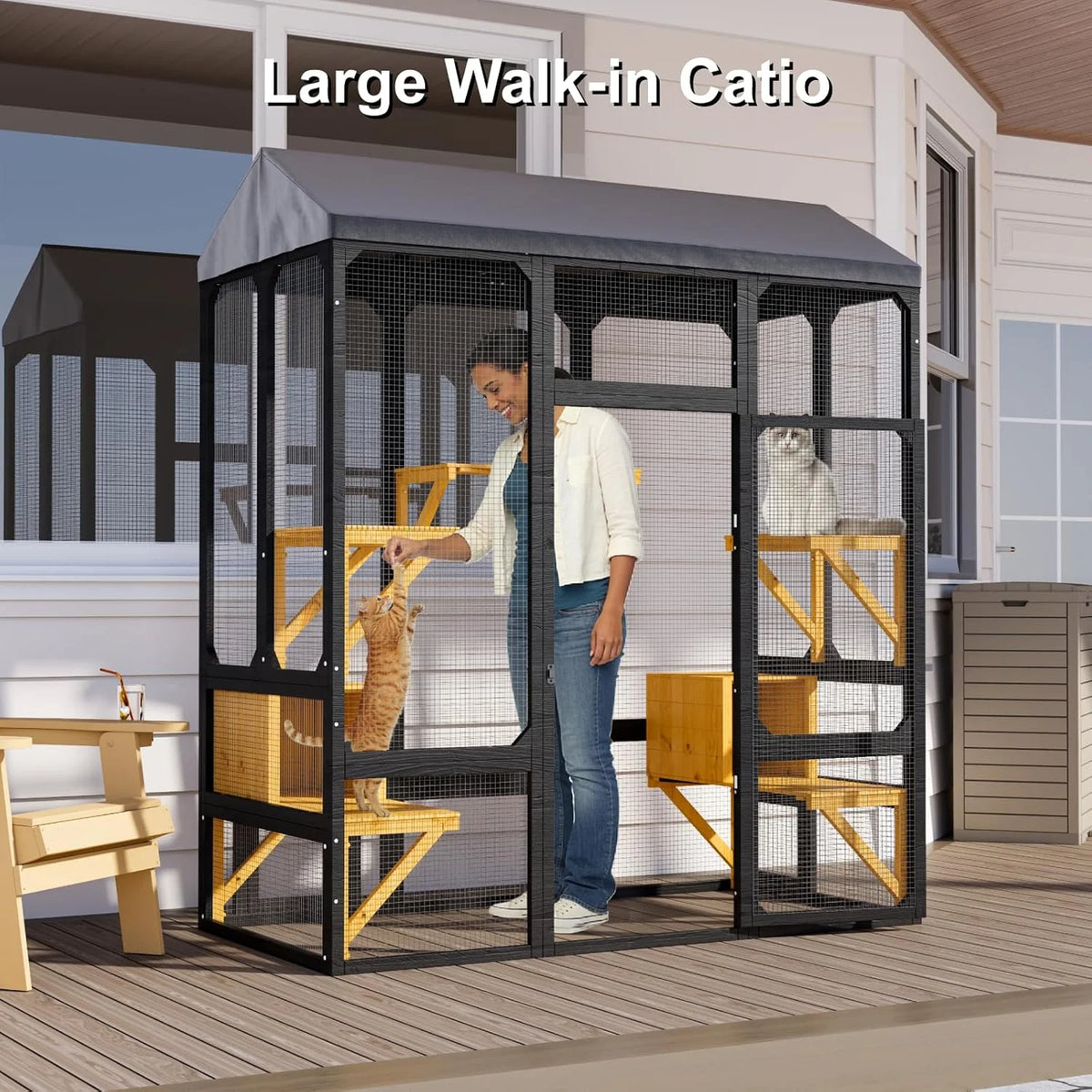 Outdoor Walk In Cat Enclosure With Waterproof Cover And Platforms