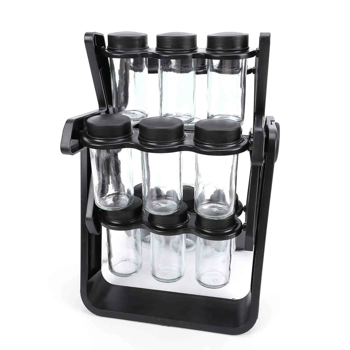 Rotating Glass Spice Rack Organizer With Labeled Jars And Funnel