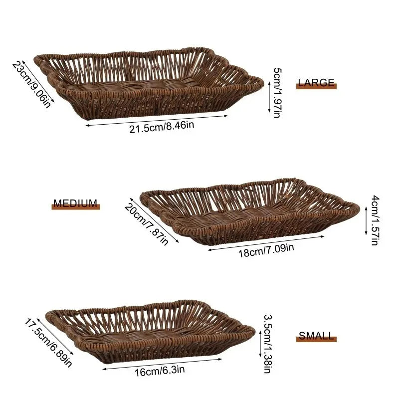 Synthetic Rattan Woven Tray Set of Three, Washable Decorative Baskets