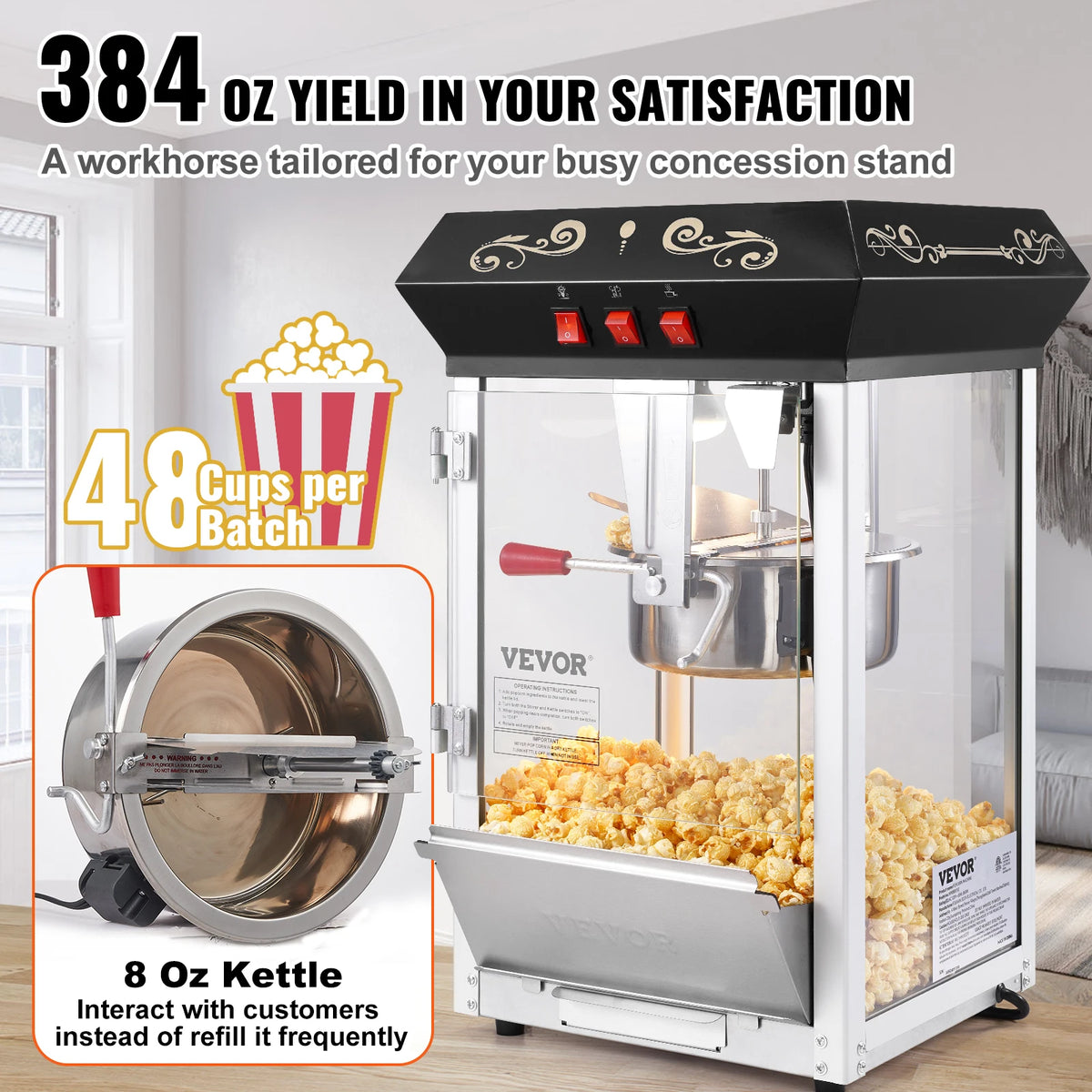 SucceBuy Commercial Countertop Popcorn Popper With Tempered Glass