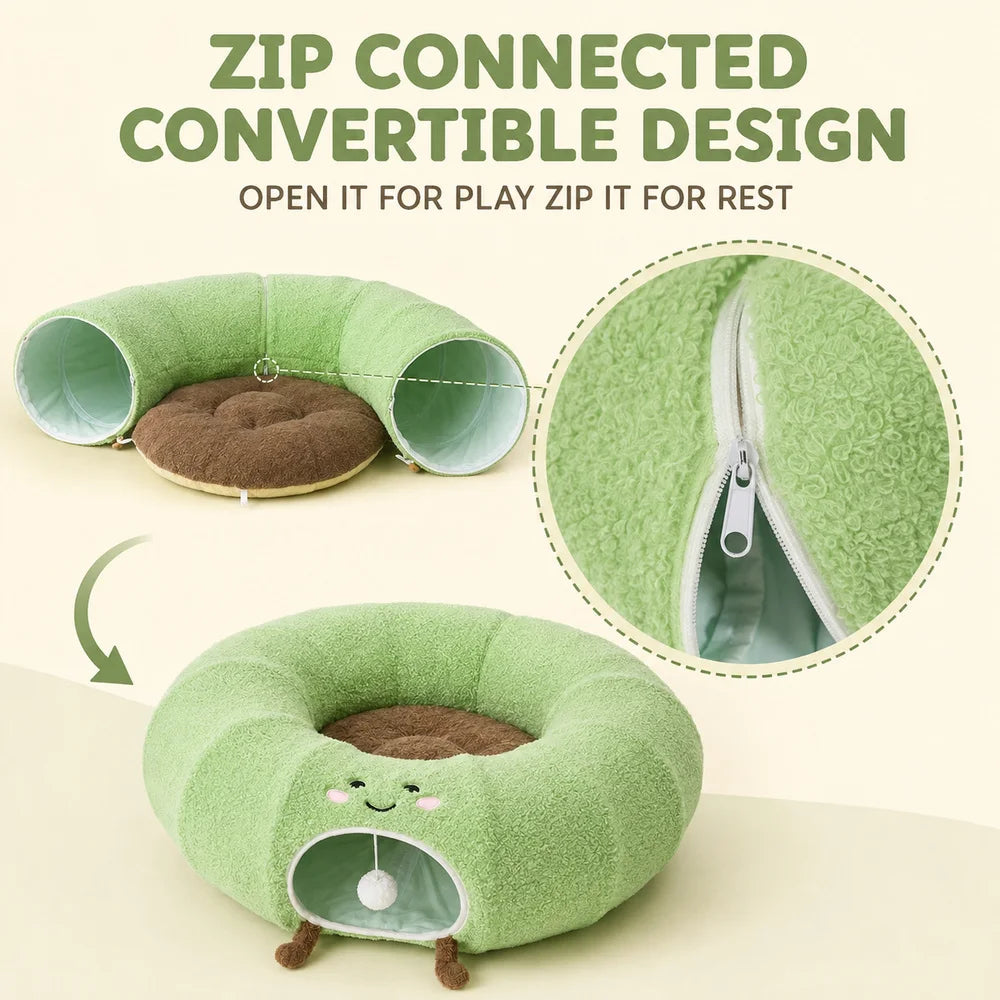 Convertible Cat Tunnel Bed With Plush Cushion And Play Ball