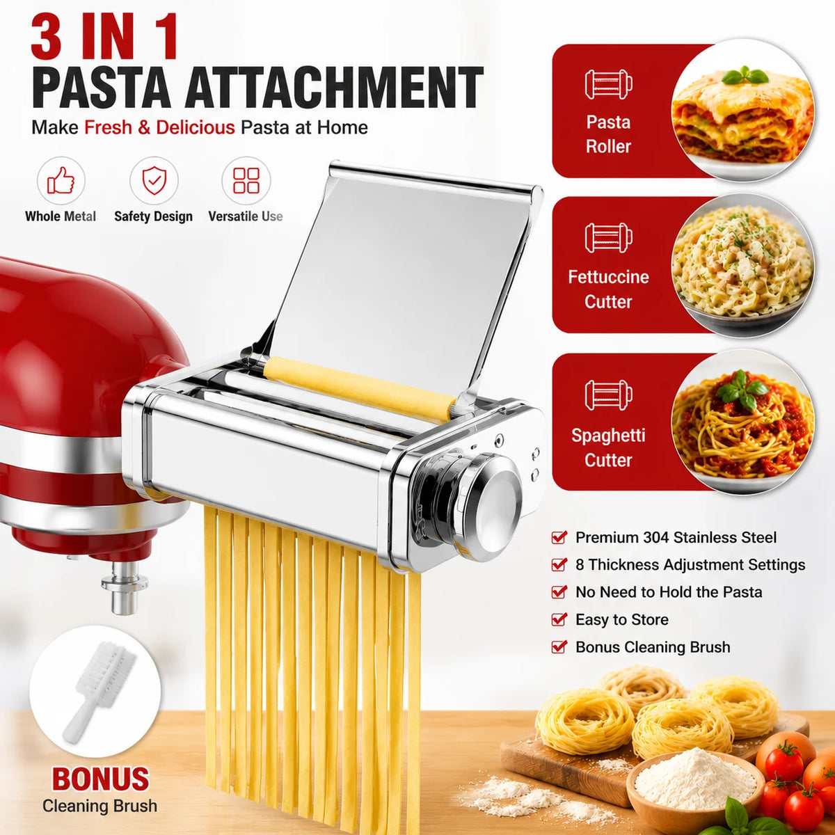 GVODE Pasta Roller And Cutter Attachment For KitchenAid Mixers