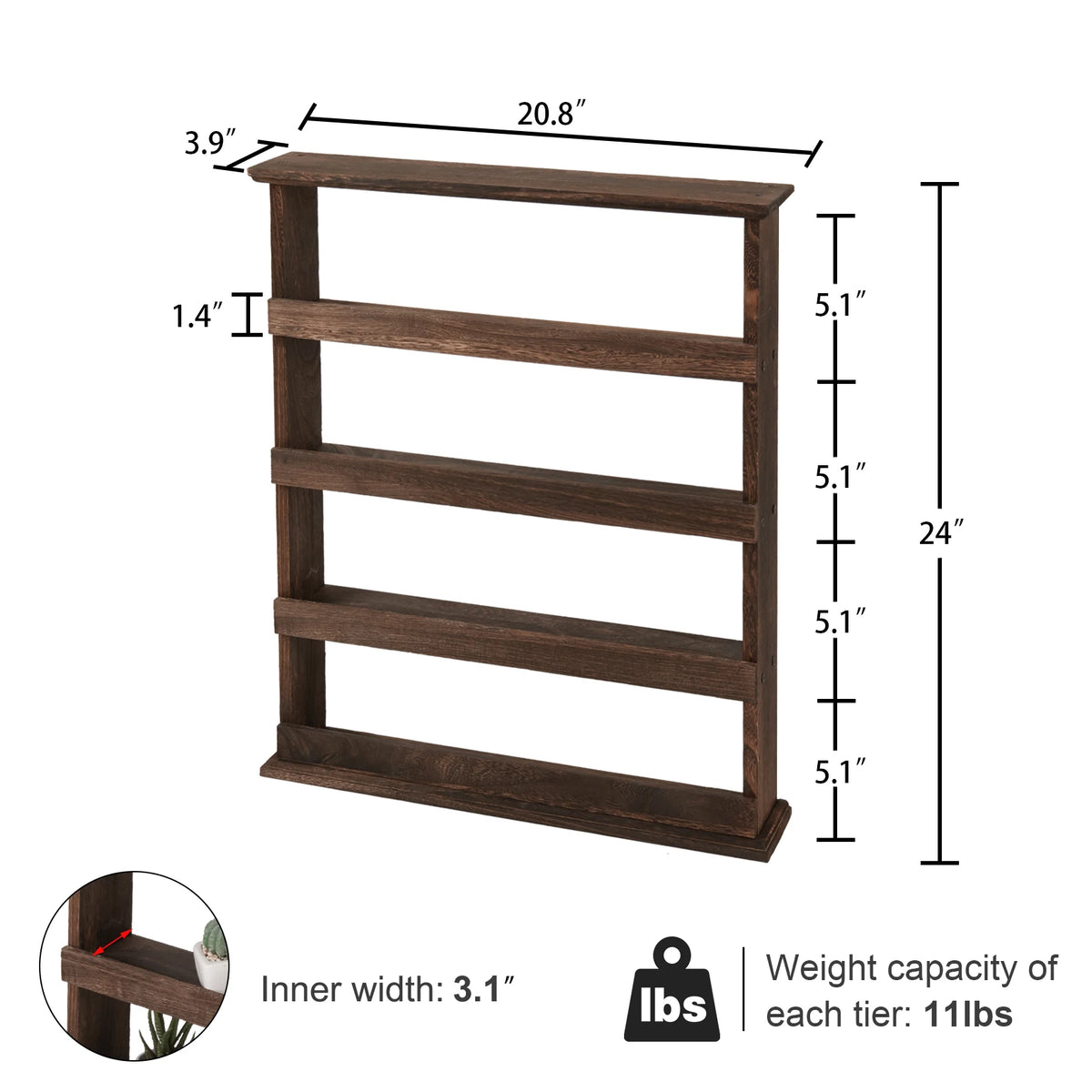 Rustic Torched Bamboo Wall Mounted Spice Rack Organizer for Kitchen Storage