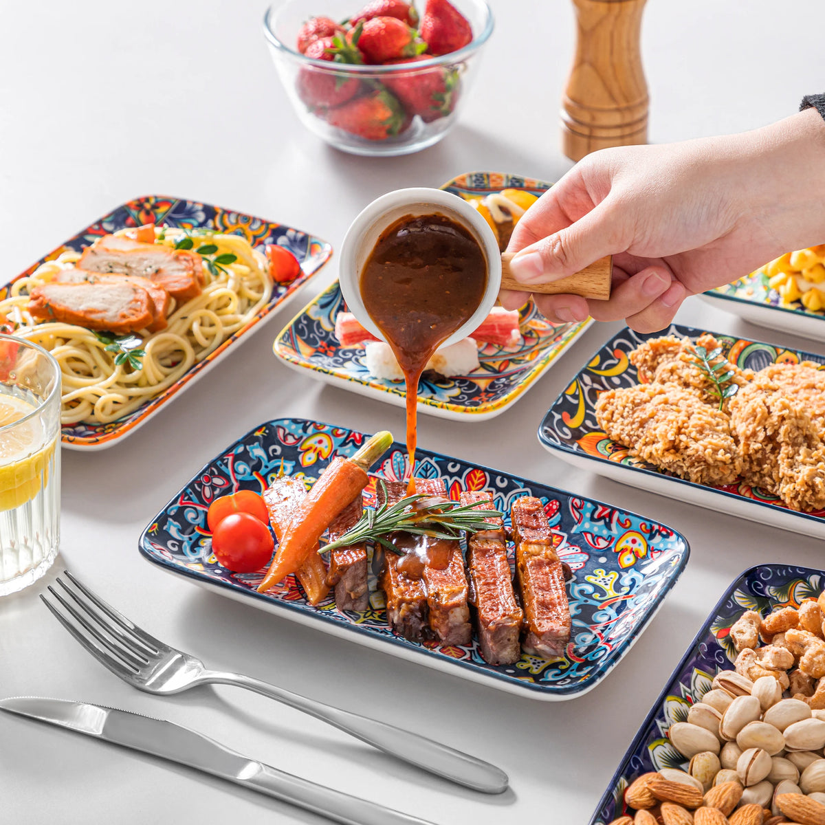 MALACASA Bohemian Rectangular Porcelain Serving Plates for Dinner