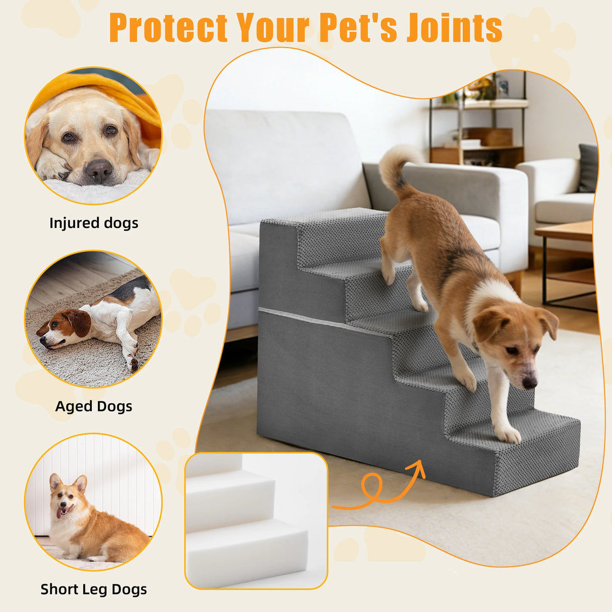 Angled Foam Dog Stairs With Non Slip Steps For Pets