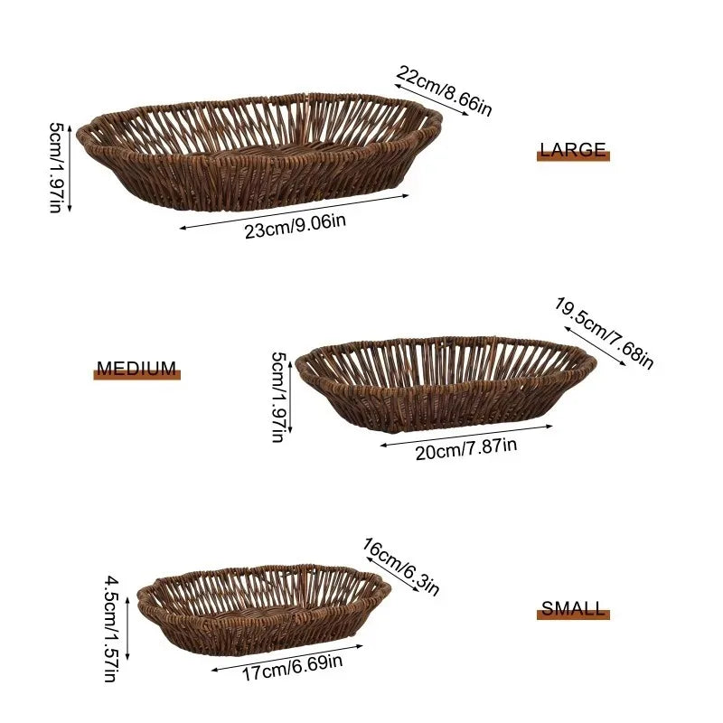 Synthetic Rattan Woven Tray Set of Three, Washable Decorative Baskets